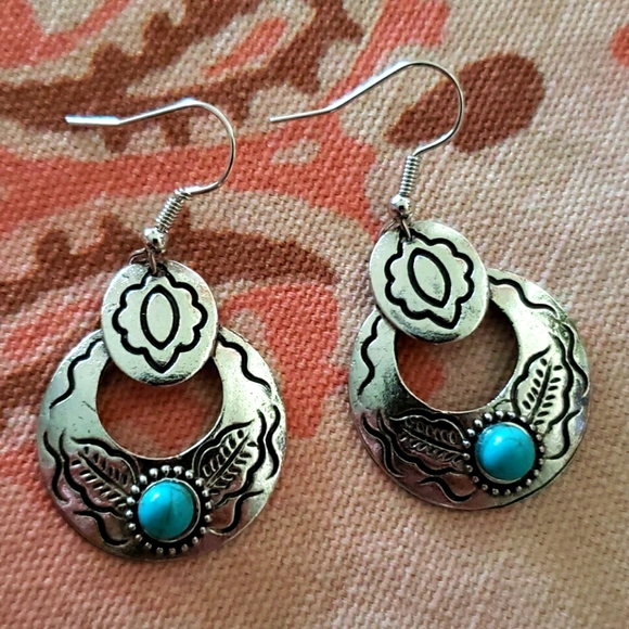 Silver Turquoise Earrings. Hoop. Dangle. Concho - Picture 2 of 7